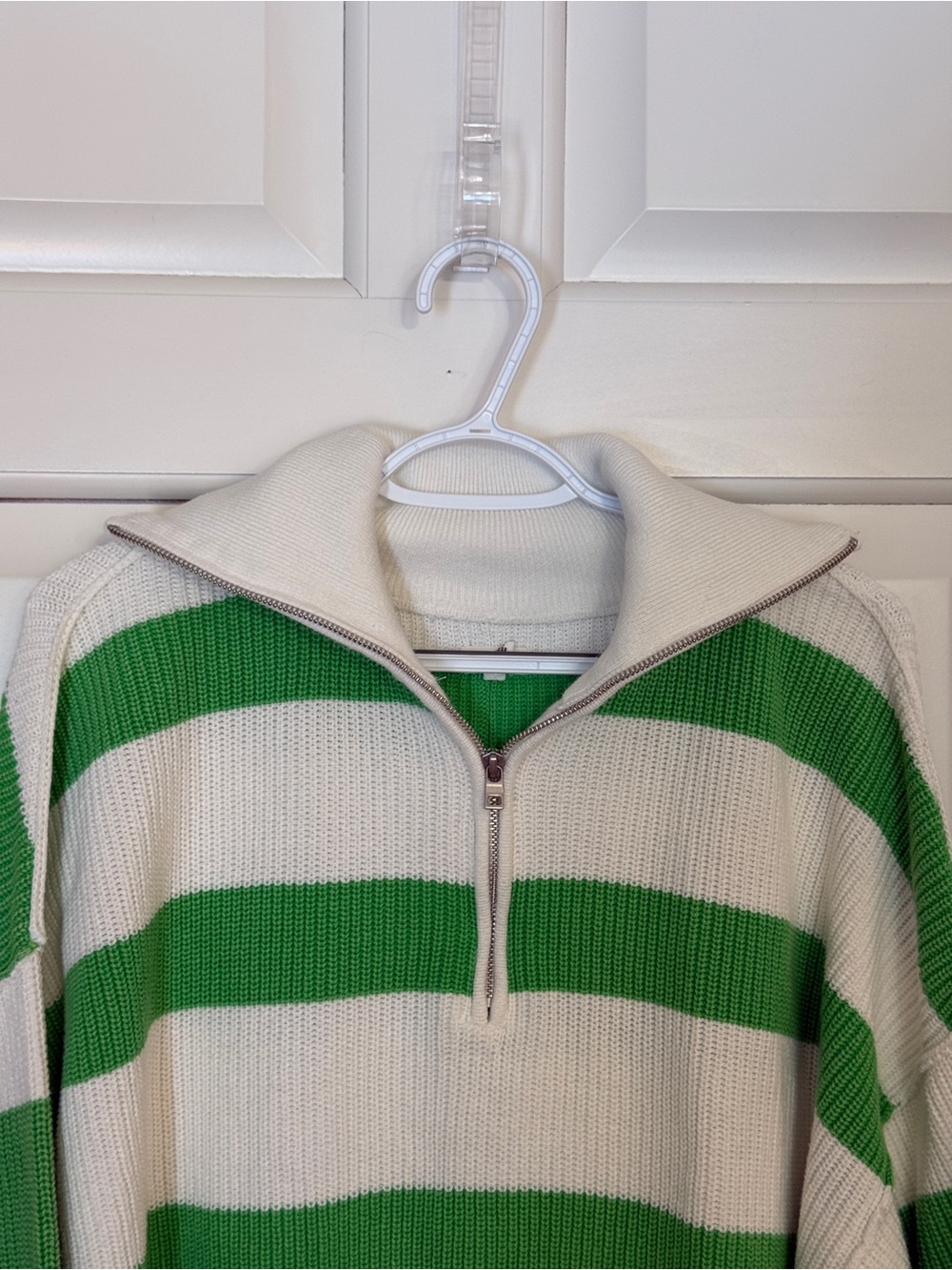 Aerie Green & White Striped Quarter Zip Cotton Sweater Size Small 55431 - Picture 4 of 11